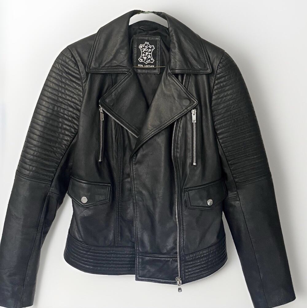 Genuine Leather brand Women's Black Quilted Biker Jacket with Zipper Accents